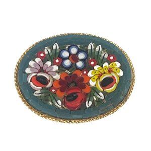 Italian Mosaic Floral Brooch Pin Oval Shape with Gold Tone Frame Intricately Des
